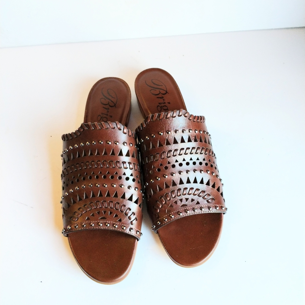Brighton Ferrara Neo Leather Lazer Cut Carmel Mules Size 8.5. - Picture 3 of 8